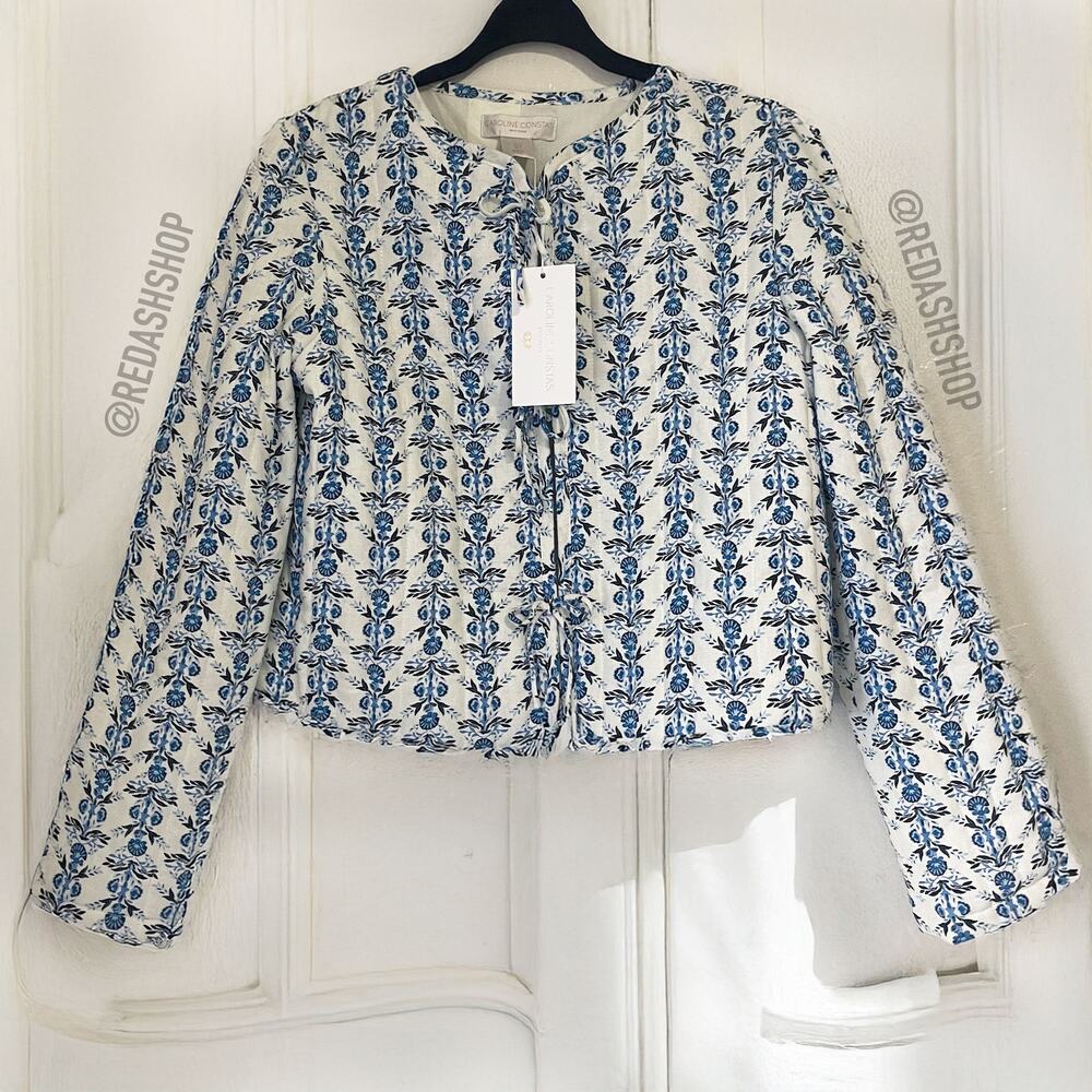 Caroline Constas NWT Floral Quilted Bow Tie Front Jacket Linen Blend Size L